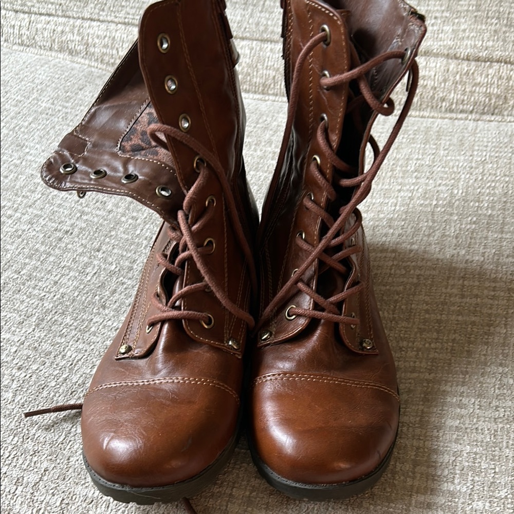 Brown Leather Lace-Up Boots